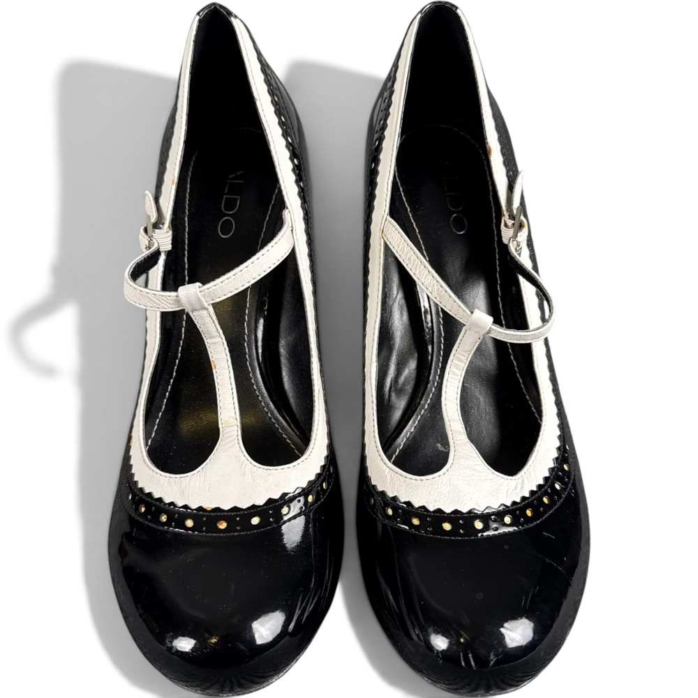 ALDO 40 Black White Patent T Strap Mary Jane Pumps Y2K Mod Spectator Heels